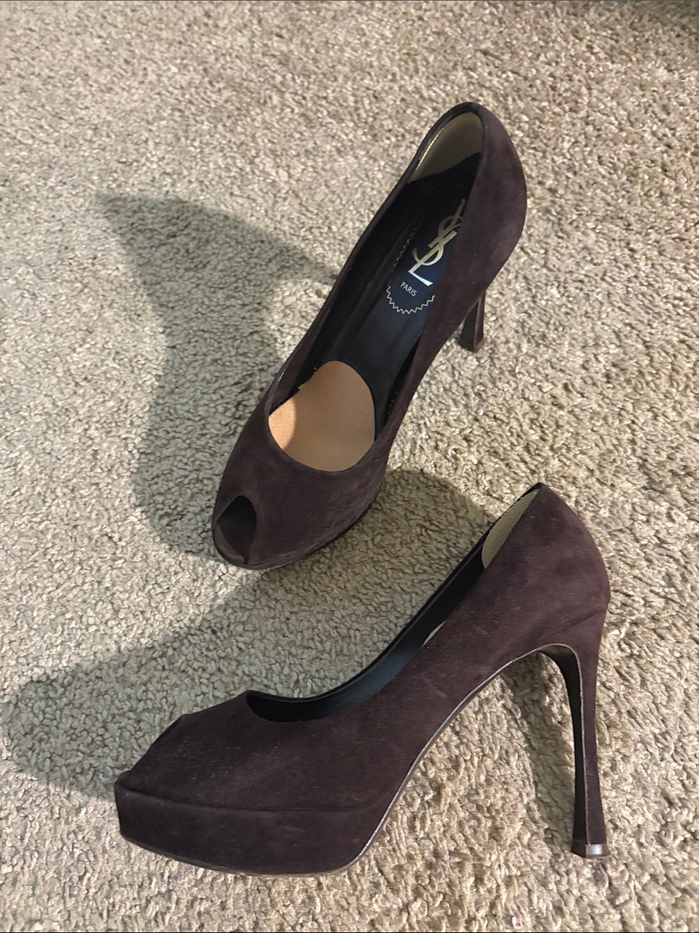 Yves Saint Laurent Dark Brown Suede Peep-Toe Platform Pumps- size 7